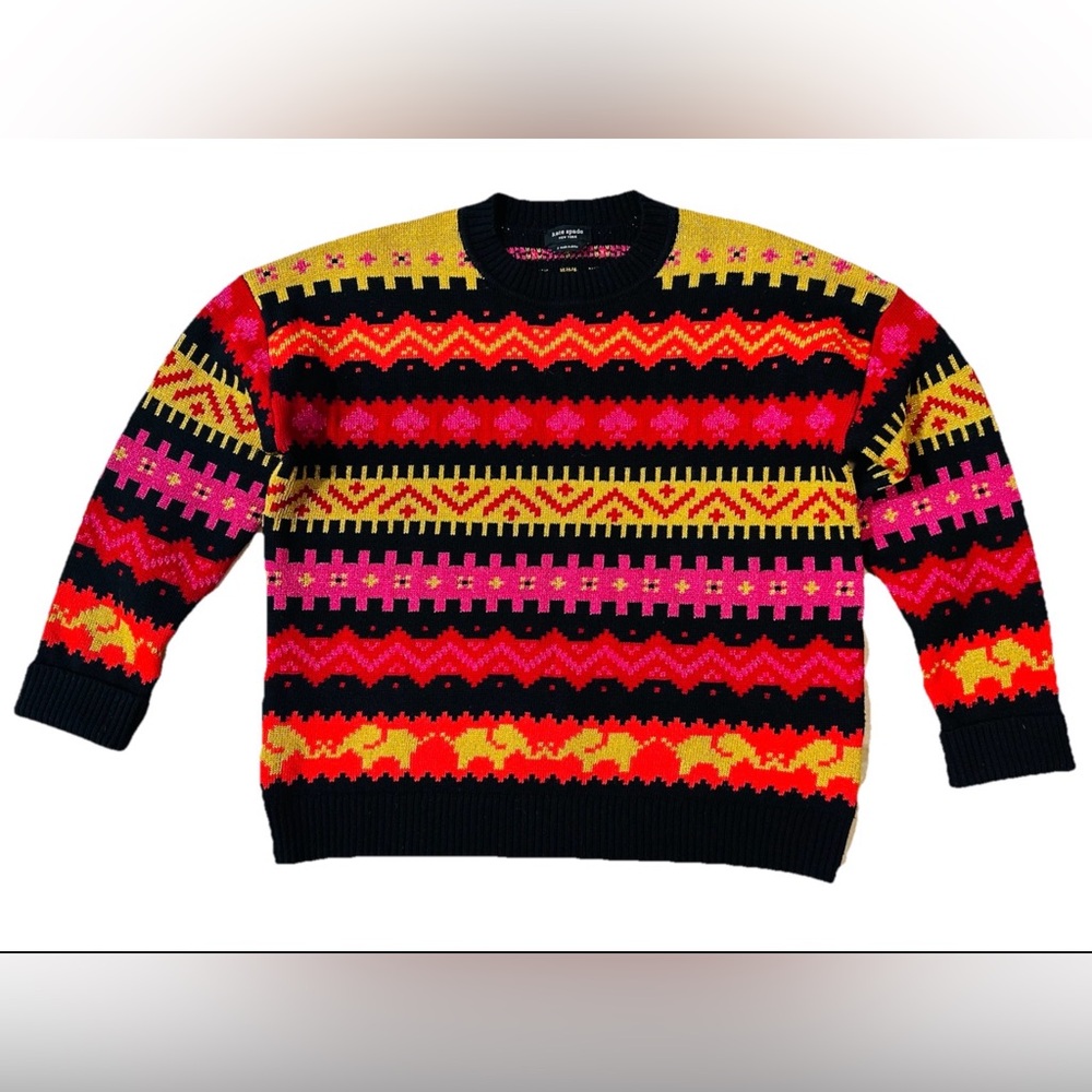 kate spade sweater S elephants hearts bright colors long sleeve wool blend 90’s